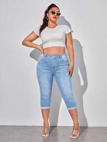 SHEIN Lady Jeans in denim da donna taglie forti con tasche e bottoni, casual e versatili per l'uso quotidiano e le uscite - Lavaggio chiaro - Visualizzare 3