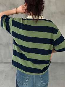 FRIFUL 女款黑白寬鬆條紋 Polo 領中袖休閒夏季 T-shirt - 綠色 - 查看 2