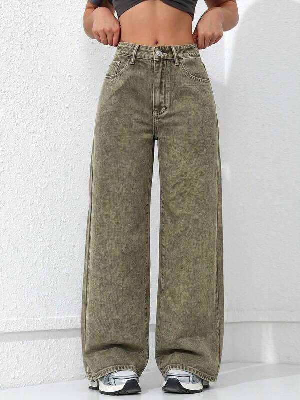 SHEIN ICON Jeans de mezclilla holgados de pierna ancha con bolsillos, casuales y versátiles para mujer