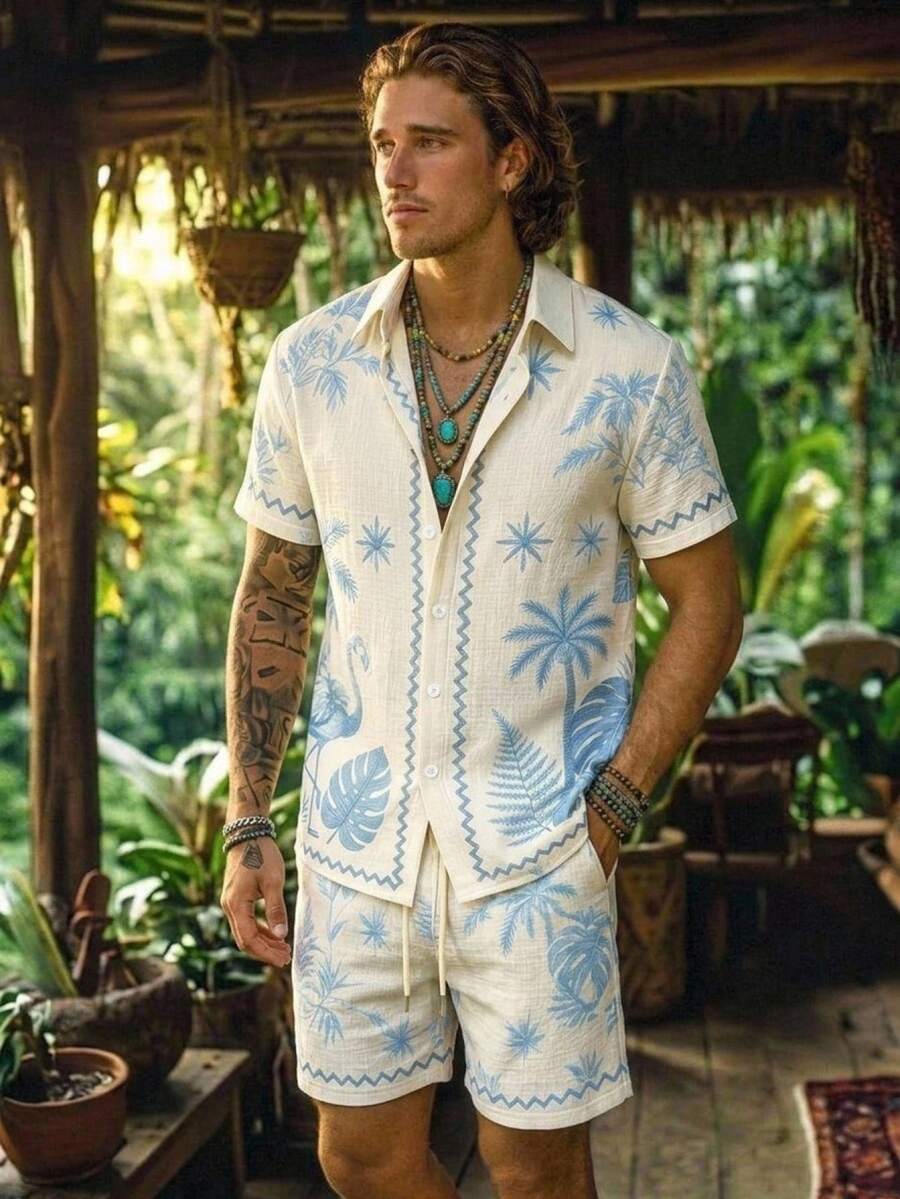 Manfinity RSRT Men's Vacation Palm Tree Print Short Sleeve Shirt And Shorts Set - Multicolor - View 1