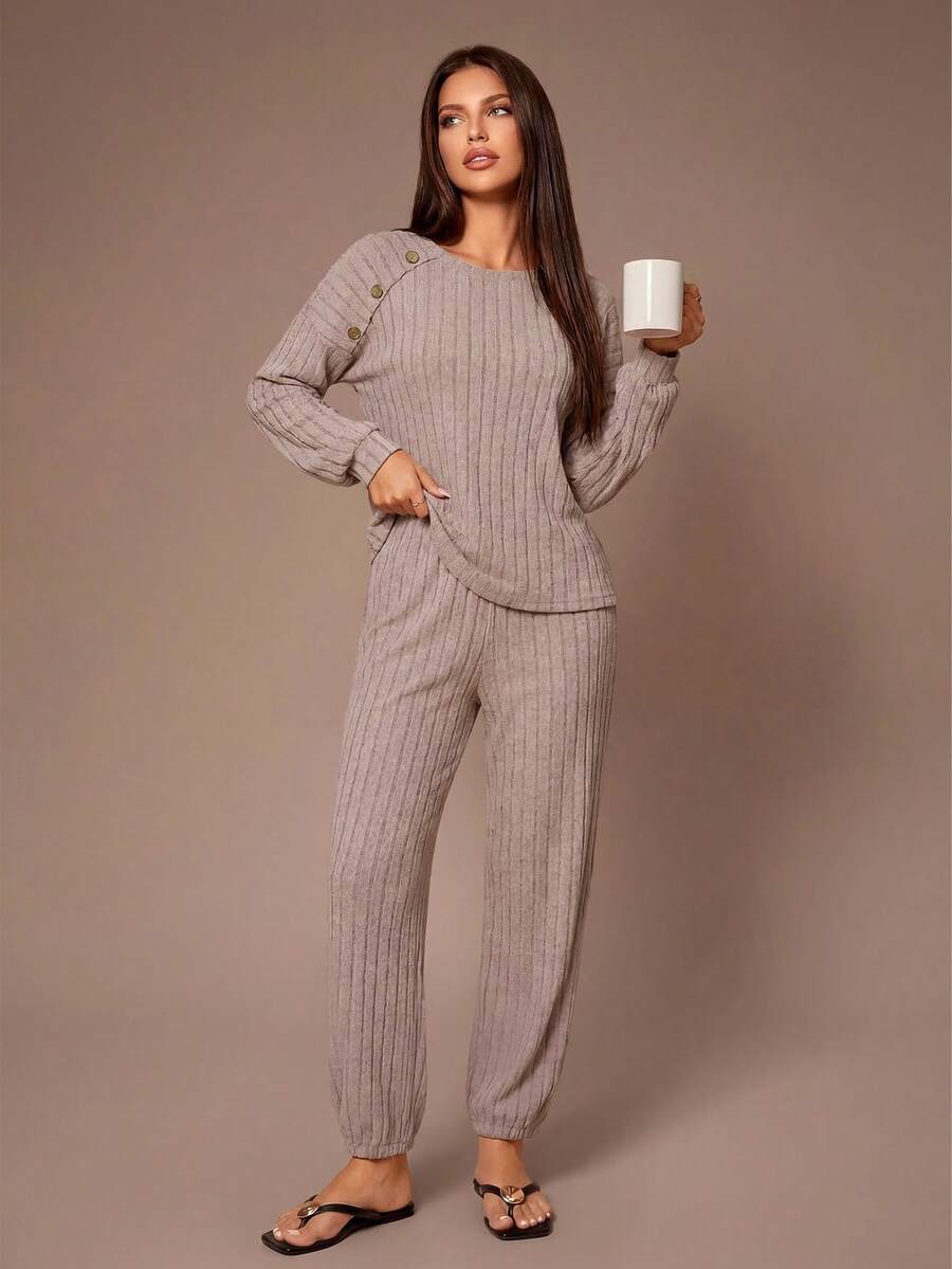 Lazeform 纯色丝绒女士家居服套装,木质装饰纽扣上衣和裤子,舒适居家服,秋冬服装 - 藕粉色 - 查看 1