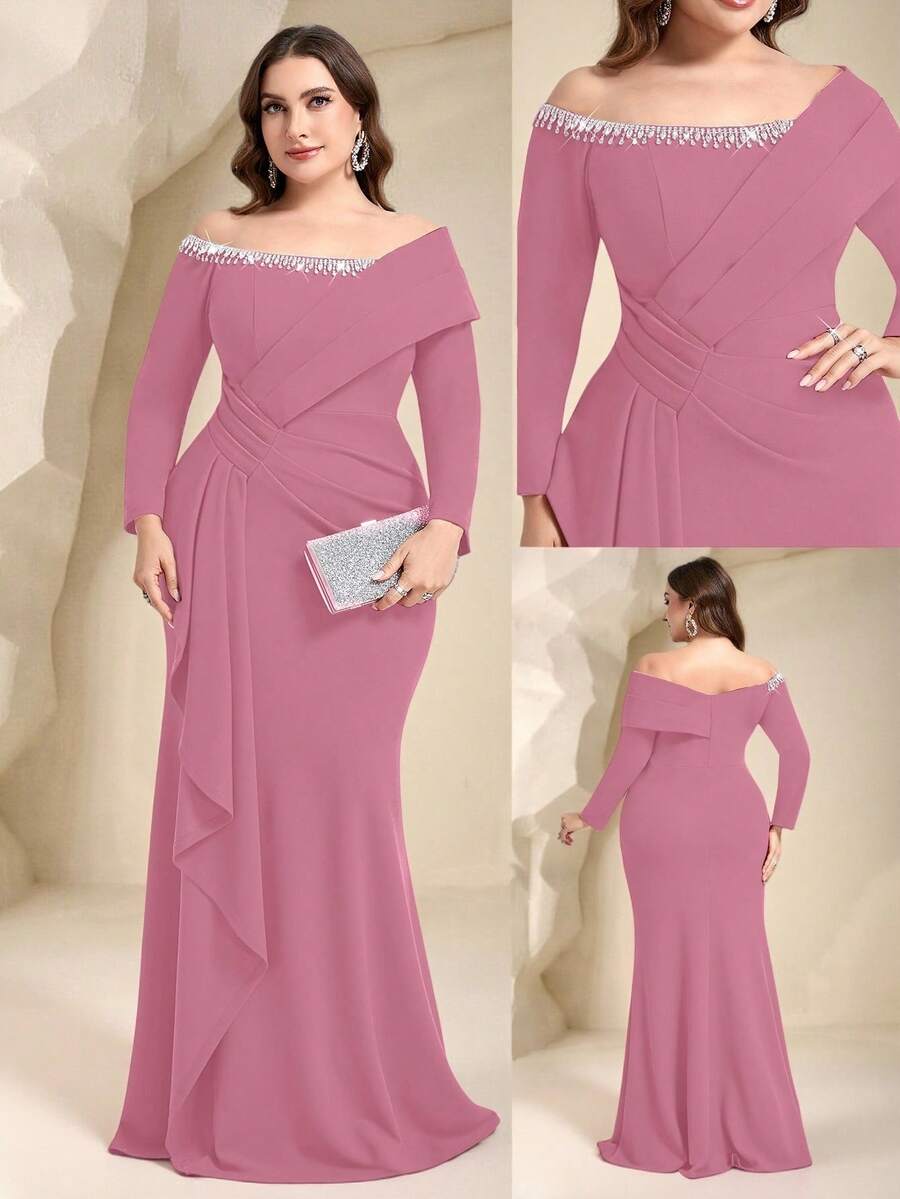 Coutiva Plus Size Rhinestone Decor Off-Shoulder Formal Evening Gown,Elegant Curve Dusty Pink Winter Evening Dresses,Heavily Embellished Women Reception Dress - Pink - View 1