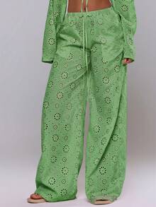 MUSERA Tie Front Broiderie Anglaise Wide Leg Trousers Cover Up Beach Swim Summer Vacation Holiday Festival Cute Boho Casual Elegant Green Birthday Party - Mint Green - View 1