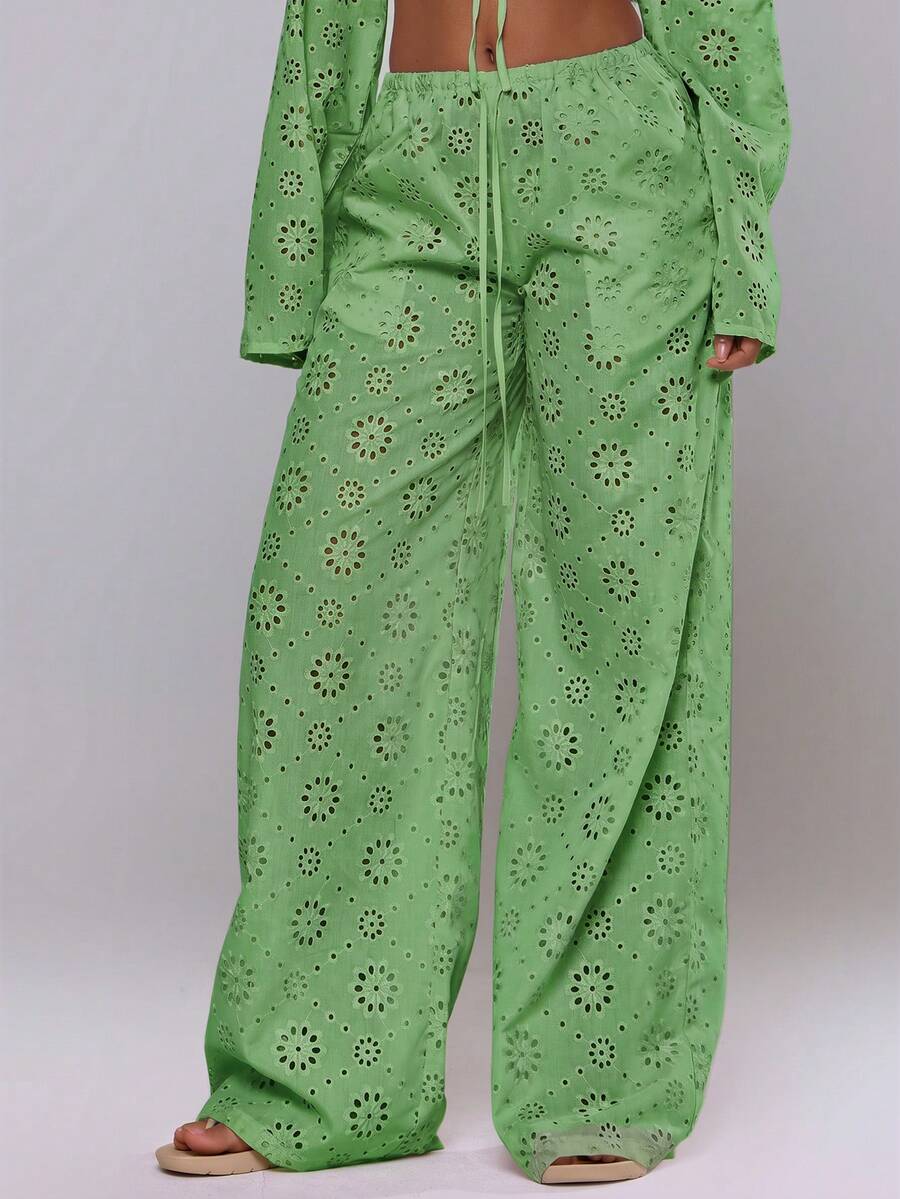 MUSERA Tie Front Broiderie Anglaise Wide Leg Trousers Cover Up Beach Swim Summer Vacation Holiday Festival Cute Boho Casual Elegant Green Birthday Party - Mint Green - View 1