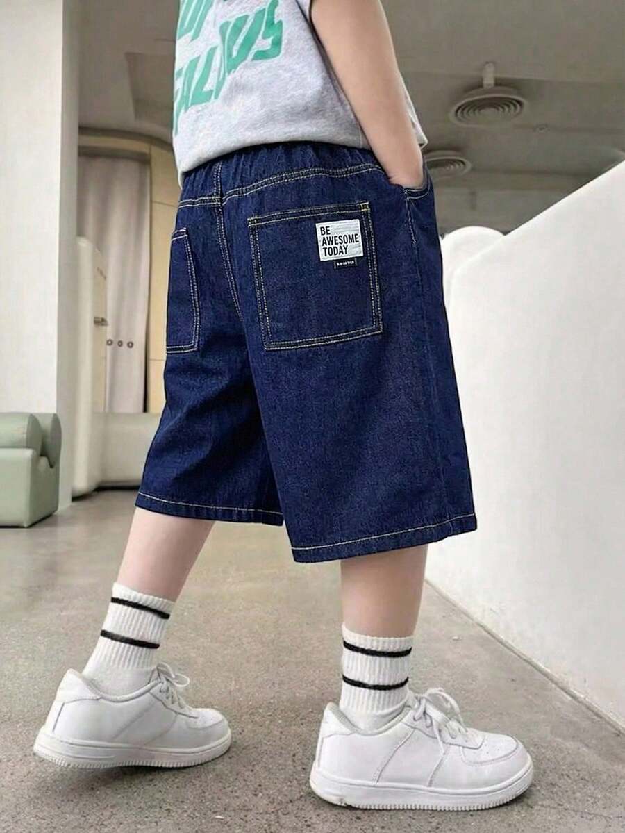 Little Byeori 青少年男孩時尚返校街頭風百搭Y2K復古酷感深藍色寬鬆寬腿牛仔短褲 日常穿搭兒童春夏季電音節慶街頭風 - 藍色 - 查看 1