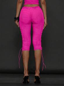MUSERA Legging Pendek Wanita Warna Polos dengan Tali Pengikat, Kasual, Serbaguna, Cocok untuk Musim Dingin dan Natal. - Hot Pink - View 4