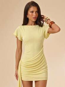 SHEIN BAE Women's Solid Pale Yellow Ruffle Sleeve Ruched Tie Decor Mini Dress, Simple Dress, Elegant Sexy Dress, Dress Date Night Summer - Yellow - View 6