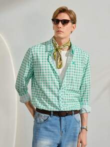 VeloEdit Men Casual Vacation Plaid Small Icon Front Single-Breasted Comfortable Long Sleeve Fashion Shirt & Patched & Embroidery, Old Money & Boyfriend - Mint Green - View 1