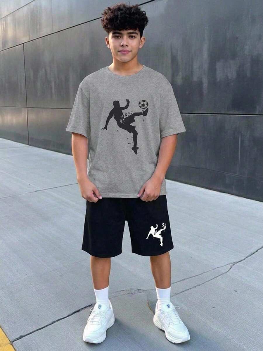 SHEIN 青少年男孩寬鬆街頭風短袖短褲套裝,適合生日派對、晚宴、表演、婚禮、洗禮、開幕典禮,日常穿著、上學、旅行、運動,適合作為春夏季穿搭 - 灰色 - 查看 1