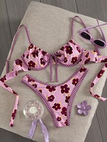 Swim Mod New Lemon Yellow Textured Bikini, Bow Knot Front, Underwire Support & High Leg Beach Swimwear - Multicolor - View 5