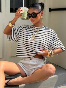 Muchica Black And White Striped Checkered Faux Wool Knit Women's Round Neck Drop Shoulder Cropped Loose Casual French Coastal T-Shirt Vacation Summer Brunch - Black and White - View 6