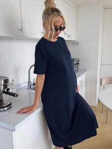 Slowluna 孕婦純色圓領時尚休閒短袖洋裝 - 藏蓝色 - 查看 6