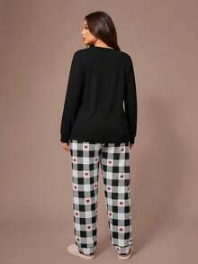 Lazeform Plus Letter Graphic Tee & Heart & Plaid Print Pants PJ Set / Pajama Set  Cozy And Elegant Details, Fall Winter Clothes Outfit - Black and White - View 2