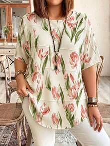 EMERY ROSE Blusa Plus Size com Gola Redonda, Estampa Floral Vintage Miúda, Manga Curta, Camadas, Top Casual para Férias de Verão e Feriados - Damasco - Ver 4
