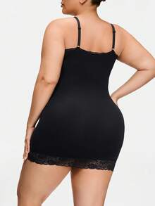 SHAPORA Plus Size Women Solid Color Lace Patchwork Bodycon Camisole Dress - Black - View 2