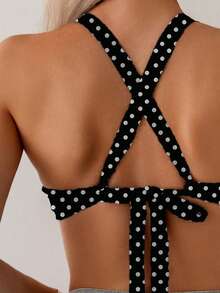Swim Mod Women's Solid Color Back Cross Tie Minimalist Casual Bikini Top - Black and White - View 4