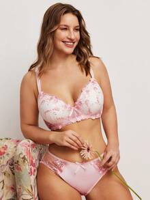 Elorette 2pcs Floral Embroidery 3/4 Cup Padded Push Up Bra Set, Supportive, Cute, Romantic, Comfortable, Plus Size Lingerie Set - Pink - View 1