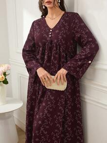 Al Najma Women's Floral Pattern V-Neck Button Decor Long Sleeve Arabian Dress - Multicolor - View 6