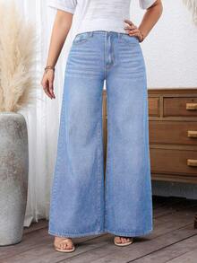 EMERY ROSE Plus Size Cowgirl Women's Spring Blue Non-Stretch Loose Wide Leg Jeans , Spring For Women - Light Wash - View 4
