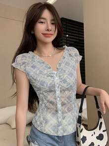 Joudiya 夏季藍色格紋休閒修身百褶婚禮度假短袖女款襯衫 - 藍色 - 查看 5