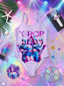 SHEIN 少女紫色 K-Pop 女團印花細肩帶連身泳衣，適合夏季海灘穿著 - 淡紫色 - 查看 6