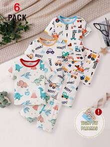 SHEIN GraphicGems 6pcs/Set Boy's And Young BoyCute Cool Dinosaur Car & Construction Vehicle Print Short Sleeve Shorts Knit Comfortable Soft Snug Fit Pajamas Loungewear Set - Multicolor - View 8