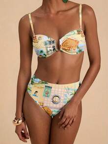 Travachic Women's Vintage Italian Style Printed Pattern Two Pieces Swimsuit Set, Suitable For Outings, Beach Vacations, Cruise Parties, Chic - Multicolor - View 6