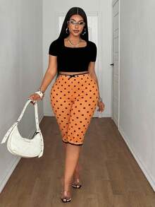 Maweii Plus Size Polka Dot BowBermuda Shorts - Orange - View 4
