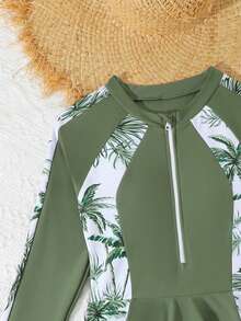SHEIN 青少年女孩坦基尼泳衣套裝，可愛休閒保守風，軍綠色熱帶植物椰子樹數位印花，袖口印花拼接色塊，拉鍊荷葉邊下擺，泳衣背心長袖上衣配長褲，時尚休閒精緻優雅，適合游泳、度假、夏季海灘、海邊、泳池、夏日假期派對、休閒度假 - 墨綠色 - 查看 4