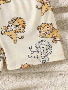 SHEIN 2件組新生兒短袖套裝 獅子印花連身褲短褲 棕色與黃色波點 夏季款 - 彩色 - 查看 9