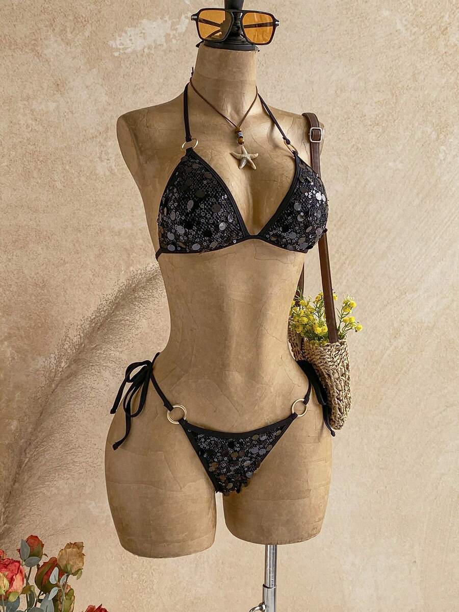 Soleia Vacation Beach Party Sexy Sequin Bikini Set Black Summer - Black - View 1