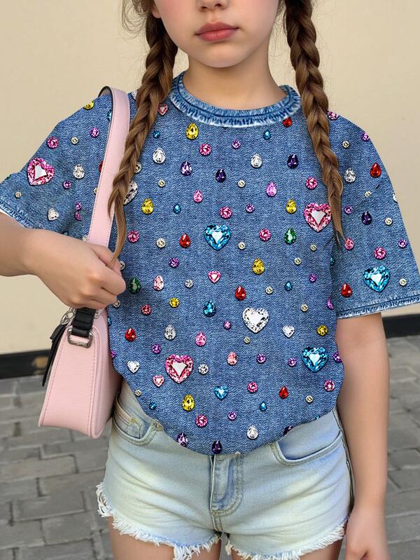Tween Girl Casual Cute Sweet Polka Dot Shiny Heart Print, CobaltBluePop, Fitted Round Neck Short Sleeve High Waist Cropped Regular T-Shirt Suitable For Summer Graphic Tee, Cozy, Tops, Y2k, Vintage