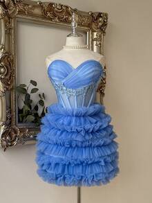 Lovelzi Elegant Princess Blue Satin Sweetheart Strapless Lace Applique Embroidered Corset Boned Tiered Ruffle Tulle Mini A-Line Dress Prom Homecoming Party - Baby Blue - View 7