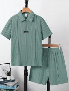 SHEIN 兒童青少年男童休閒寬鬆版型標準肩寬綠色純色紋理華夫格面料 Polo 衫與短褲兩件套，適用於通勤、上學、日常休閒、外出、運動，春夏季 - 薄荷綠 - 查看 5