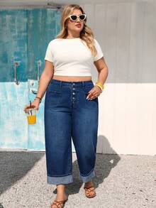 Vivid Eden Plus Size Women's Button Front Casual Loose Fit Denim Jeans - Dark Wash - View 6