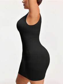 SHAPORA Plus Size Solid Color Sleeveless Seamless Bodycon Dress - Black - View 5