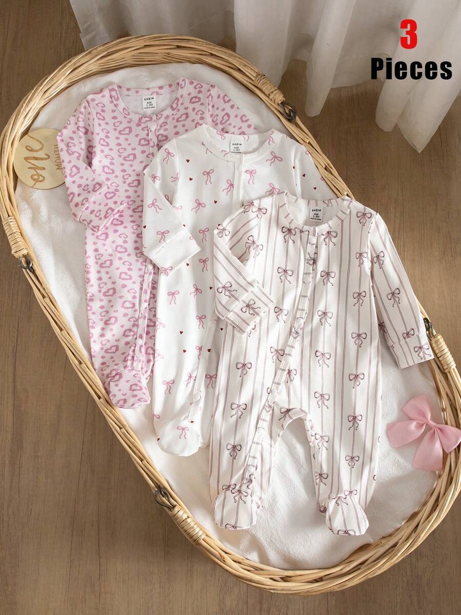 SHEIN 新生兒粉色與紫色極簡時尚甜美可愛愛心與蝴蝶結圖案 3 件套長袖連身褲家居服 - 紫色 - 查看 1