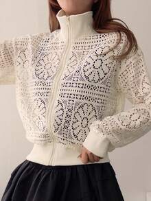 Livesso Chaqueta regular holgada con cremallera y calados para mujer, estilo vacacional - Blanco - Ver 4