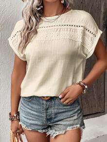 Breezaya Vacation Casual Solid Color Lace Patchwork Shirt - Apricot - View 5