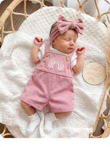 SHEIN Romper Bayi Perempuan Baru Lahir yang Lucu, Serbaguna, dan Kasual dengan Bordir Pelangi Warna Pink - Dusty Pink - View 3