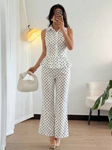 Rafferiza Conjunto de 2 piezas de top sin mangas con estampado azul y blanco + pantalones rectos de pierna ancha para mujer - Blanco - Ver 5