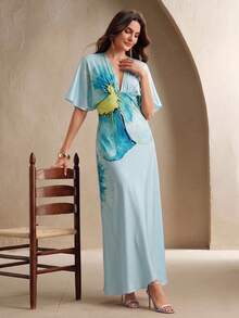 Anewsta Essential Novo Vestido Longo com Cintura Marcada, Decote em V, Sem Mangas e Estampado, Verão - Azul - Visão 4