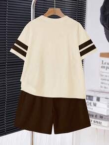 青少年男童休闲简约时尚百搭经典撞色条纹学院风小马标志运动宽松舒适圆领短袖T恤套装，适合春夏街头穿着。 - 彩色 - 查看 2