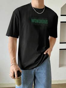 SWAVVY Loose Men's Elastic Knit T-Shirt With Slogan Print - Black - View 2