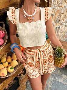 Conjunto de Top y Shorts de Mujer  Primavera/Verano con Cuello con Volantes, Shorts Estampados en Línea A con Lazo, Estampado Azul y Blanco, Conjunto de Moda para Resort - Azul y blanco - Ver 7