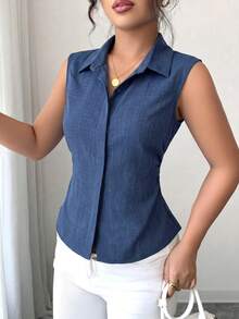 Elenzga 1pc Plus Size Women's Summer Lapel Sleeveless Fitted Asymmetrical Hem Casual Blouse - Navy Blue - View 3