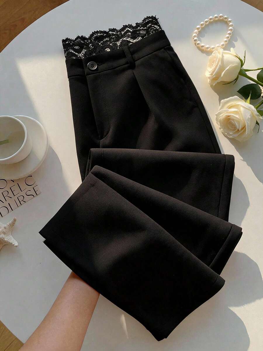 SHEIN MOD Quần ống rộng cạp cao ren đen chắp vá cỡ lớn - màu đen - Xem 1