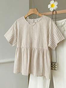 SHEIN EZwear 女款休閒寬鬆短袖條紋襯衫，適合日常通勤、約會、派對、秋冬春夏、聖誕節、新年、感恩節、婚禮、海灘、畢業典禮，時尚優雅休閒，適合外出約會與通勤 - 彩色 - 查看 5