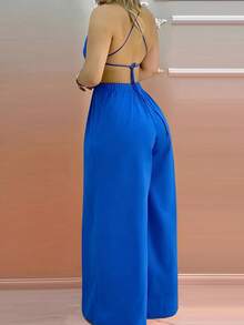 INAWLY Jumpsuit Kasual Model Halter Neck dengan Tali di Belakang dan Potongan Lurus untuk Wanita - Biru - View 2