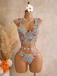 Swim Lushoire Women's Summer Outfit, Ruffle Sexy Tropical Boho Jamican Beach Vacation Tank Top Camisole Bikini Swimwear 3 Pieces Set All White Flower - Multicolor - View 7
